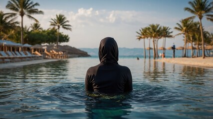Woman wearing a black burkini swimming in a resort pool, with palm trees, beach chairs, and the ocean in the background.
