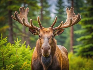 Majestic large brown and white moose with a black nose and impressive large antlers stands alone in a serene natural forest landscape.