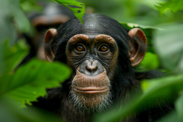 Obraz premium Chimpanzee among the bushes in the jungle, close-up, poster with the concept of protecting and caring for animals and ecology
