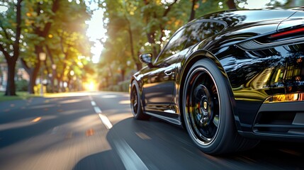 A black car is driving down the street at high speed, Dynamic Sports Car Driving Through Forest at Sunset - High-Resolution Image of Sleek Black Vehicle on Speeding Road with Golden Light