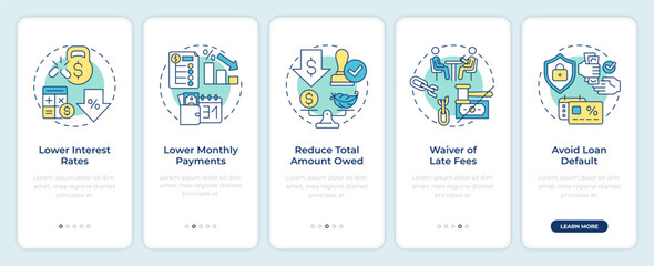 Pros of debt restructuring onboarding mobile app screen. Walkthrough 5 steps editable graphic instructions with linear concepts. UI, UX, GUI template. Montserrat SemiBold, Regular fonts used