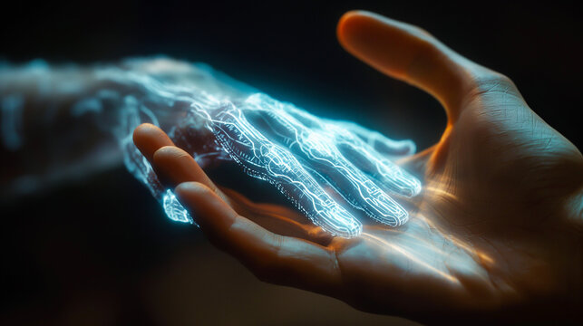 3D Holographic Hand Reaching to Human, Touch of Technology. Innovation, Automation, Ai Ethics. User Experience, Cyberspace Online, Digital Twin, Metaverse. IT Business, Industry, Science, Engineering