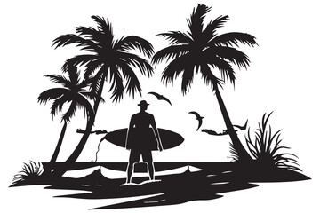 summer art design palm tree surfing man beach white background
