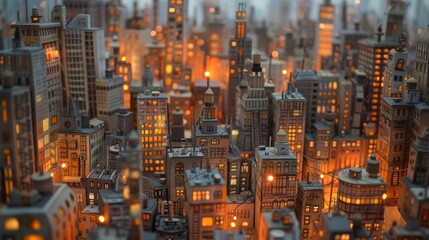 Cityscape of recycled cardboard skyscrapers and streets with soft lantern glow background