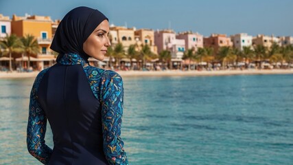 Woman in a patterned burkini standing by the ocean, with a colorful beachfront resort in the background.
 - Powered by Adobe