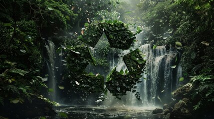 Recycling symbol as swirling vortex of leaves and petals abstract forest backdrop