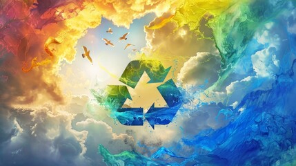 Recycling symbol with vibrant colors swirling clouds and birds in the background