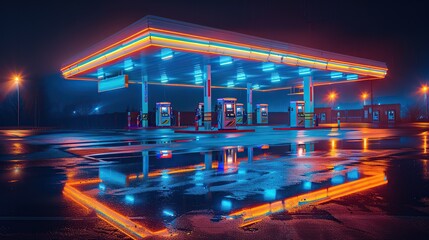 A neon-lit gas station at night with glowing blue and orange lights, creating a futuristic ambiance. The wet ground reflects the vibrant lights. Image of gas station.
