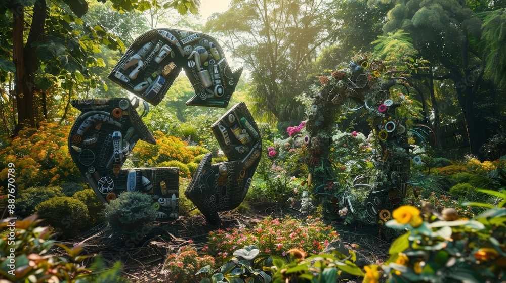 Canvas Prints recycling symbol in surreal garden surrounded by greenery and flowers transformative backdrop