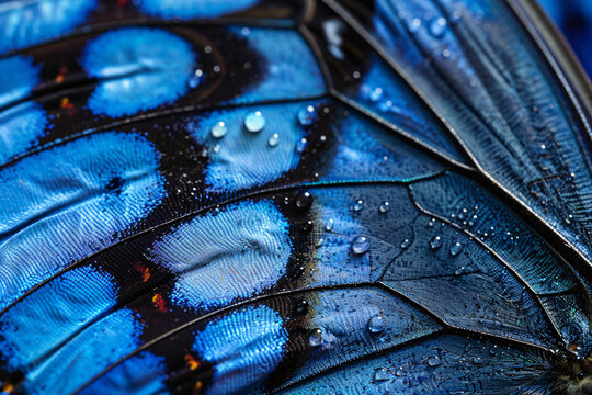 A close-up macro photo of the texture and pattern on an electric blue butterfly wing, with black glittering in it