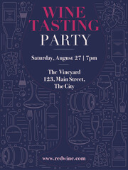 Wine tasting party invitation template. Invitation card with outline wine elements including wine bottle, wine glass, cheese, corkscrew, carafe, cork, wine stopper, barrel, grape vine 