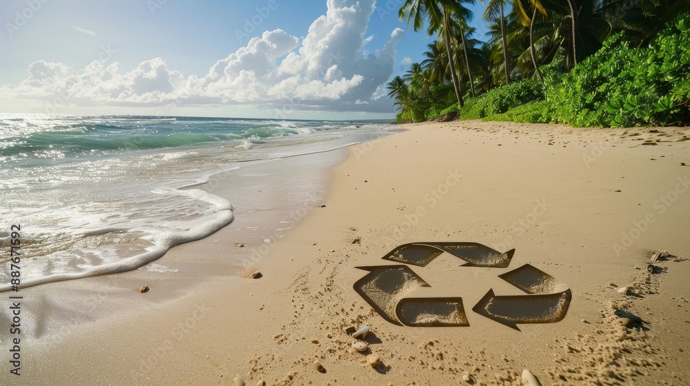 Poster tranquil beach scene with recycling symbol in sand green vegetation background