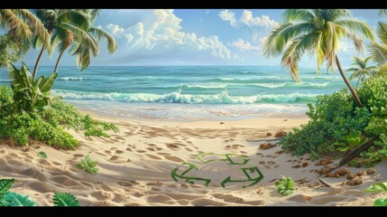 Obraz premium Serene beach scene with recycling symbol in sand palm trees and green backdrop