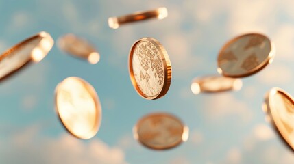 Numerous coins in mid-air against a backdrop of clouds, fantasy style, golden hues, high-resolution photo, ethereal lighting