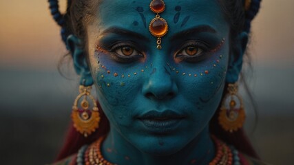 A close-up portrait of a woman with blue face paint and traditional jewelry, capturing cultural heritage and artistic expression in an outdoor setting.

