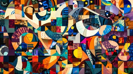 Abstract shapes in a pixelated mosaic create a vivid background