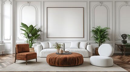 White Office Or Living Room Interior With A Cabinet And A White Mock-Up Poster, Minimalist And Clean, High Quality Background