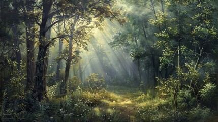 Sunlit forest scene with dappled light forms a tranquil backdrop