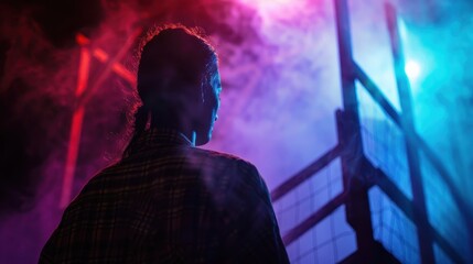Silhouette of a Person in a Colorful Foggy Atmosphere with Neon Lights in the Background