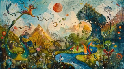 Fototapeta premium Surreal elements and creatures in whimsical landscape mythical background