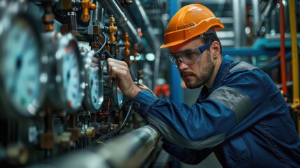 A man in a blue jacket and orange hat is working on a machine with gauges