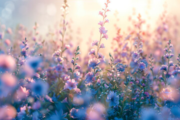 Beautiful colorful field of wild flowers on sunrise.