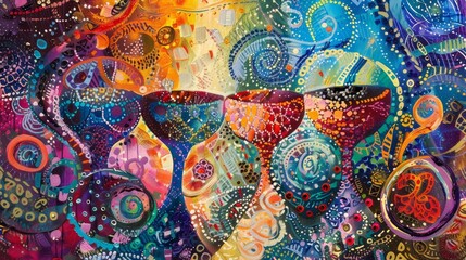 Four cups of wine abstract patterns vibrant Passover celebration background