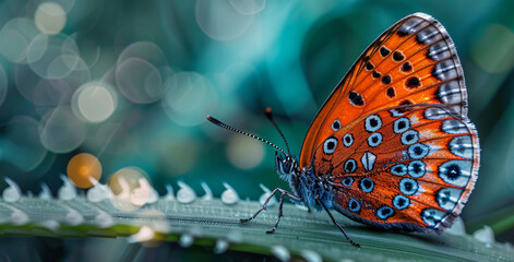 Beautiful butterfly on the grass, macro photography, dark blue and orange background, blurred background, ultra high definition, real shot, real photography, real photo shooting, best quality