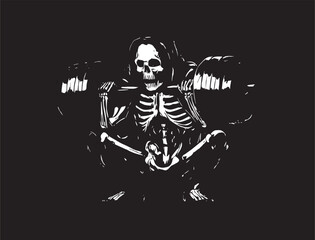 Skeleton of Body Builder Weight Lifter Posing Sitting White on Black Tattoo Style Gym Logo Vector for T-shirts and Wall Decor Workout Athletic Muscle Fitness Beast Barbell Bodybuilding Healthy Wall St