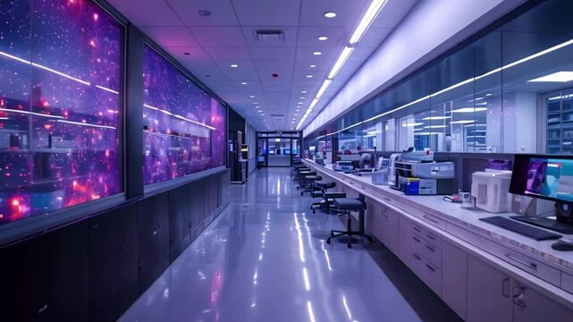 A virtual simulation of an automated lab interior, featuring a long hallway with workstations and a large window displaying a purple, nebula-like pattern.