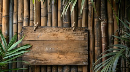 Image with copy space featuring wooden notice board on bamboo backdrop