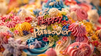 Passover cake with 'Happy Passover' in frosting amidst decorations wallpaper