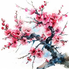 Naklejka premium Beautiful floral spring abstract background of nature Branches of blossoming apricot , Colorful cherry blossom vector illustration on a white background, Ai generated
