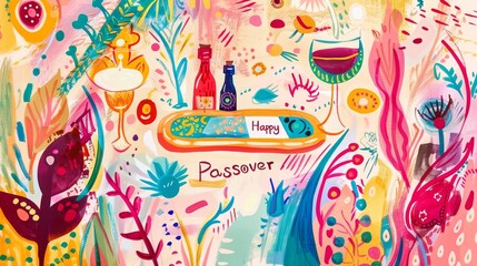 Whimsical depiction of Passover symbols with 'Happy Passover' as part of celebration wallpaper