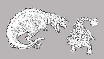 Predatory dinosaur Carnotaurus attacks the Ankylosaurus. Dinosaur battle to color in. Drawing with prehistoric animals.