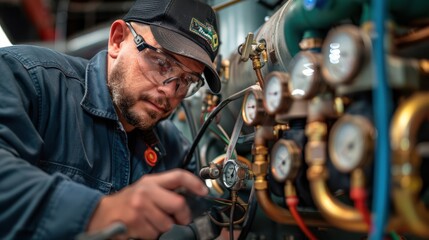 Obraz premium A man in a blue jacket is working on a machine