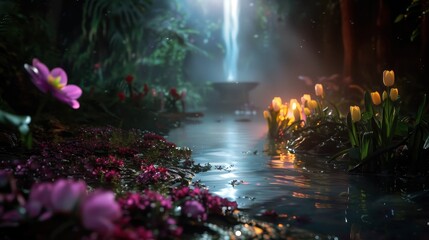 Enchanting Forest Stream with Glowing Flowers and Waterfall in Mystical Night Scene