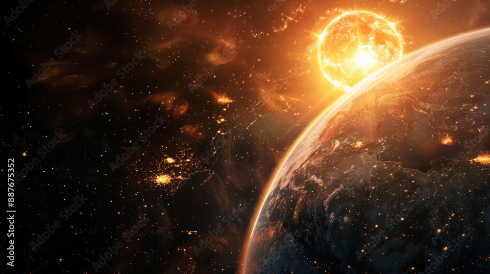 Poster a planet with a sun in the background