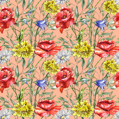 Wild field flowers watercolor pattern on coral pink. Cute floral seamless texture with chamomile, poppy, lupin, dandelion, cornflower, forget-me-not on white background. Meadow plants