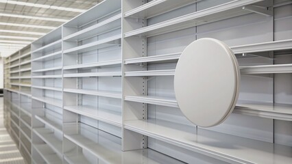 3D image front view. White grocery retail shelf with shelf talker, round wobbler and place for shelf stripe on shelving background design template for mock up.