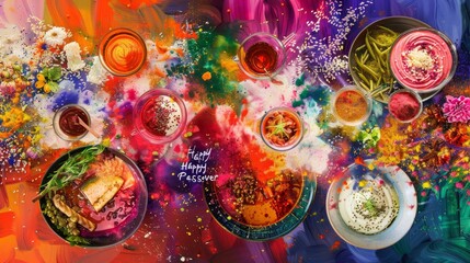 Fototapeta premium Collage of Passover dishes bursting with 'Happy Passover' amidst vibrant background