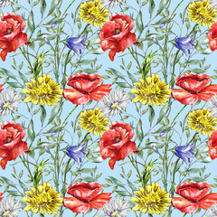 Wild field flowers watercolor pattern on sky blue. Cute floral seamless texture with chamomile, poppy, lupin, dandelion, cornflower, forget-me-not on white background. Meadow plants