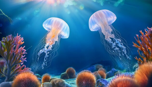 Moon Jellies: Graceful Leaps Amidst Coral Splendor"
"Underwater Ballet: Moon Jellies Frolicking in Vibrant Coral Gardens"
"Ocean Fantasia: Moon Jellyfish in a Colorful Reef Oasis"