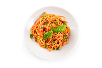 Piatto di spaghetti al pomodoro e basilico, cibo italiano, simbolo della dieta mediterranea, gastronomia europea 