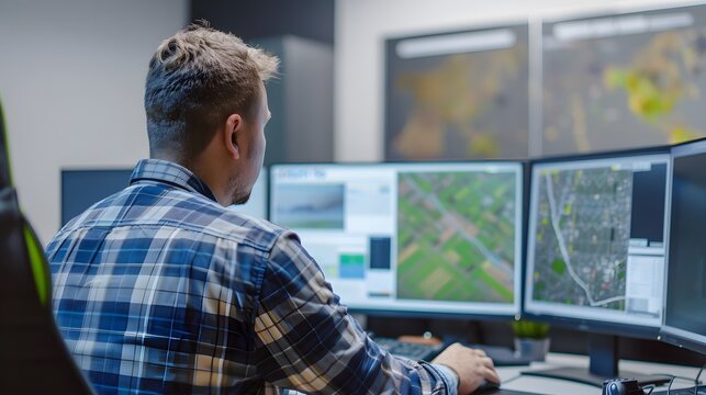 Geographic Information Systems (GIS) software displaying detailed spatial data for decision-making in a smart farming control center