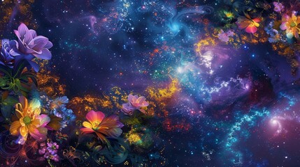 Celestial garden with vibrant flowers against galaxies and stars background