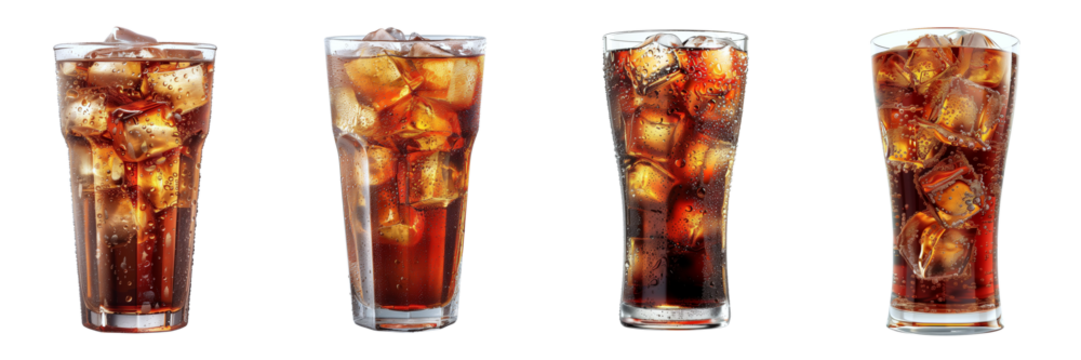 Cola drink glass with ice on transparent background