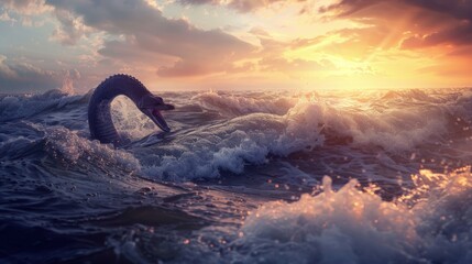 Fototapeta premium A sea serpent emerging from the ocean at dawn