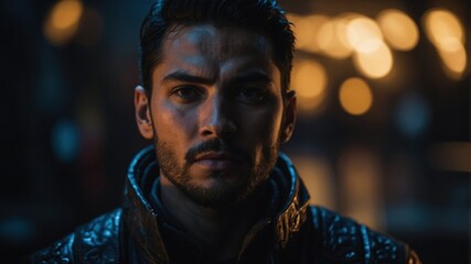 A man with a serious expression wearing a leather jacket, standing in a dimly lit urban setting at night with blurred lights in the background.
