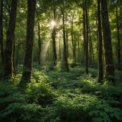 Obraz premium Sunlight filters through dense forest canopy, casting dappled light on verdant underbrush below. Tall trees dominate scene, their thick trunks creating ethereal atmosphere.